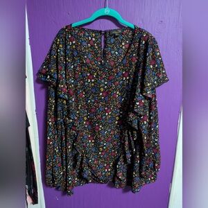💜 Suzanne Betro Black Colorful Floral Ruffle Detail Long Sleeve Blouse 4X 26